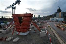 Formwork surrounding a V-shaped pier at Curzon No 3 viaduct on HS2 in Birmingham, UK