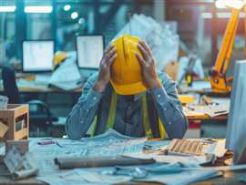 A focused view on a construction worker head in hands amid a hectic workspace filled with architectural plans on monitors symbolizing the stress of project deadlines.