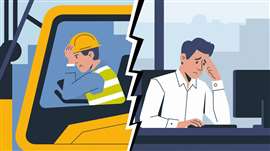 An illustration of two construction workers - one looking stressed in the cab of an excavator, one in an office at a computer looking stressed.